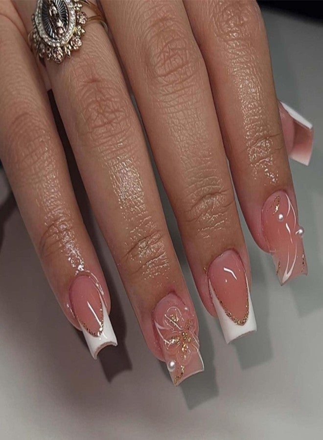 YoYoee Short Square Press on Nails French Fake Nails Acrylic Pearls False Nails Nude Full Cover Nails Tips for Women and Girls 24Pcs - Image 1